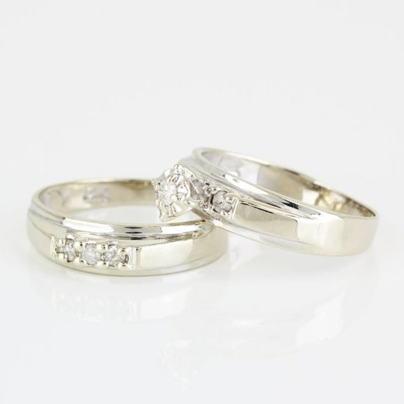 Jewelry - Vintage 14k White Gold & Diamond Bridal Wedding Band Engagement Ring Set